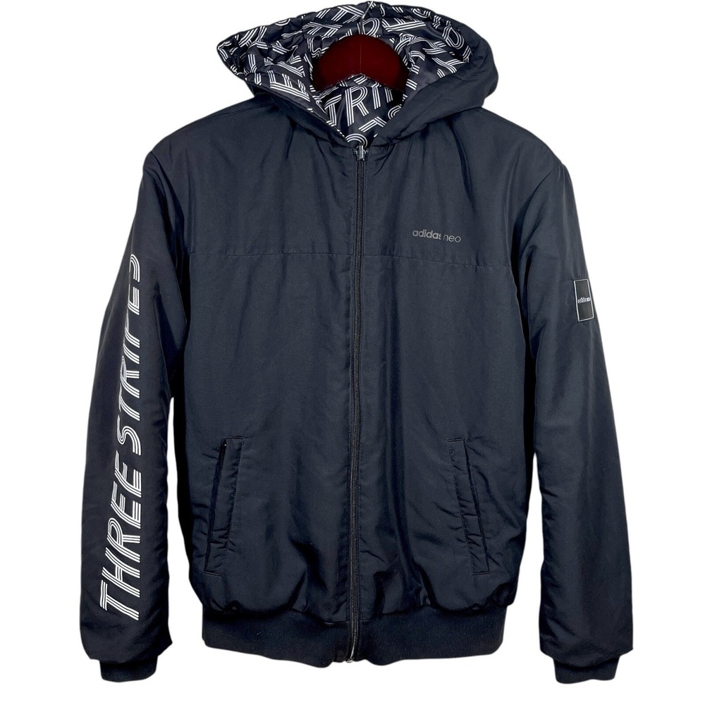 Adidas Neo Reversible Puffer Hoodie Jacket Medium Black Logo Graphic Print